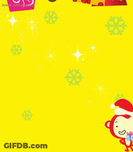 A Yellow Background With A Monkey Wearing A Santa Hat Surrounded By Presents GIF
