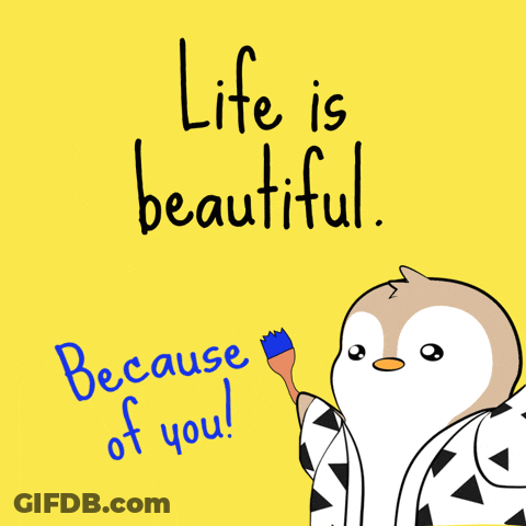 A Yellow Background With A Penguin And The Words Life Is Beautiful GIF