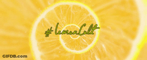 A Yellow Background With A Slice Of Lemon And The Words Lemon Cult GIF