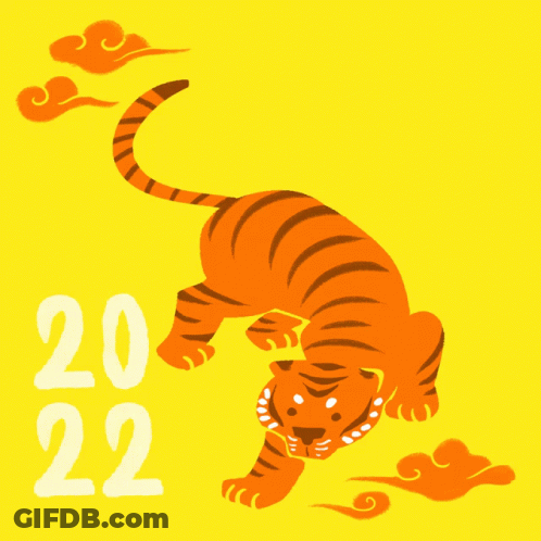 A Yellow Background With A Tiger And The Number 2022 On It GIF