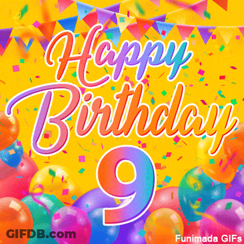 A Yellow Background With Balloons And Confetti And The Words Happy Birthday 9 GIF