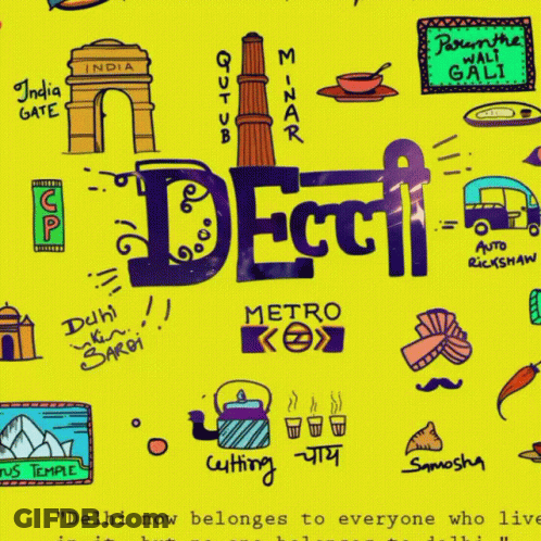 A Yellow Background With Drawings Of Delhi Metro And Other Places GIF