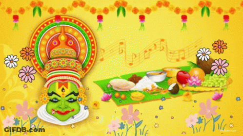 A Yellow Background With Flowers And Food And The Word ' Kerala ' In Blue GIF
