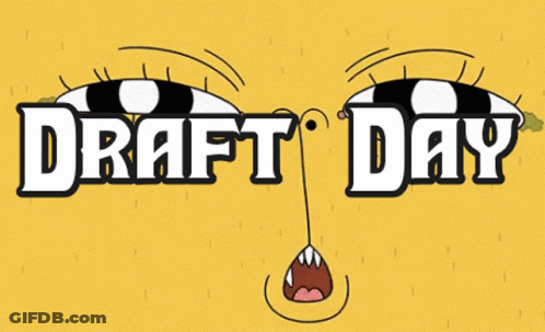 A Yellow Background With The Words Draft Day Written In White Letters GIF