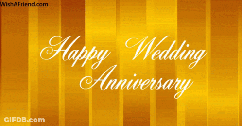 A Yellow Background With The Words Happy Wedding Anniversary In White Letters GIF