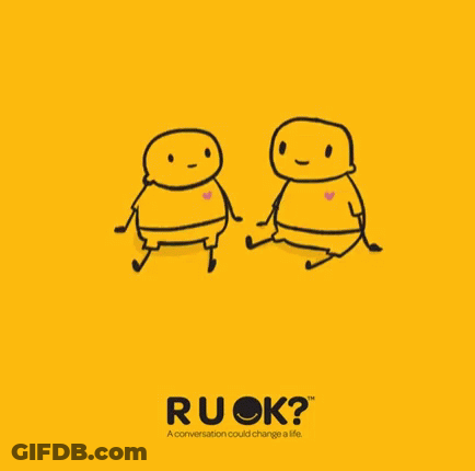 A Yellow Background With Two Cartoon Characters And The Word Ruok GIF