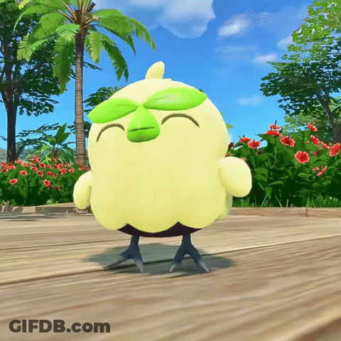 Yellow Bird With Green Fan On Head On Wooden Deck GIF