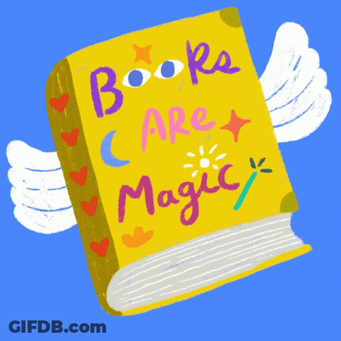 A Yellow Book With Wings And The Words Books Are Magic On It GIF
