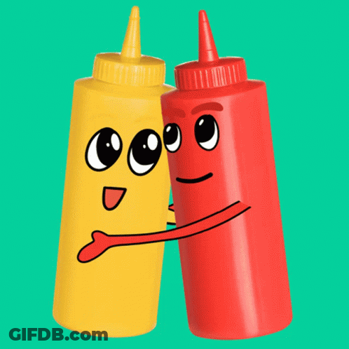 A Yellow Bottle Of Mustard And A Red Bottle Of Ketchup Hugging Each Other GIF