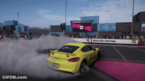 A Yellow Car Is Drifting In Front Of A Banner That Says Horizon Festival GIF