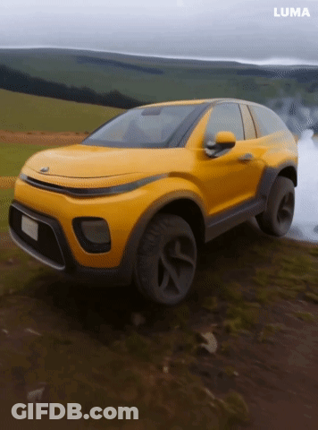 A Yellow Car Is Driving Down A Dirt Road With The Word Luma On The Bottom GIF
