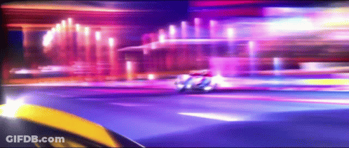 A Yellow Car Is Driving Down A Purple Street At Night GIF