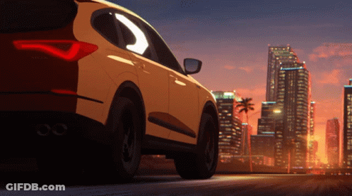 A Yellow Car Is Parked On The Side Of The Road In Front Of A City Skyline GIF