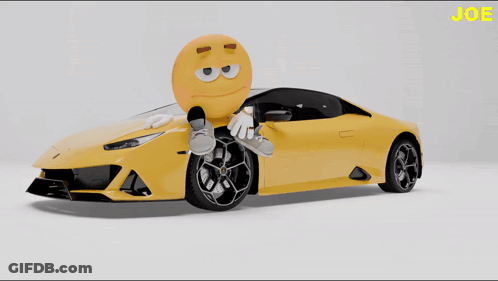 A Yellow Car With A Smiley Face On It And The Word Joe On The Bottom Right GIF
