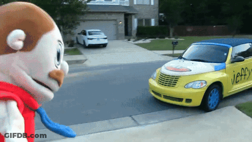 A Yellow Car With The Word Jeffy On The Front GIF