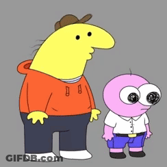 A Yellow Cartoon Character And A Pink Cartoon Character With Big Eyes GIF