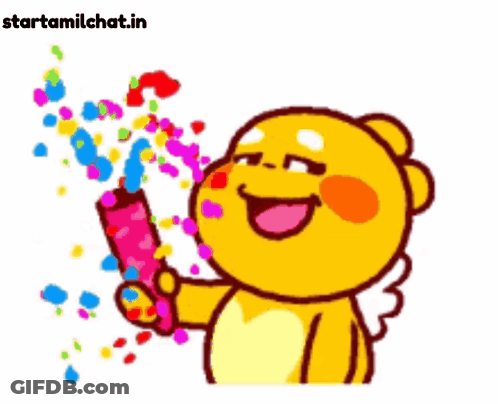 A Yellow Cartoon Character Is Holding A Confetti Cannon And Smiling GIF