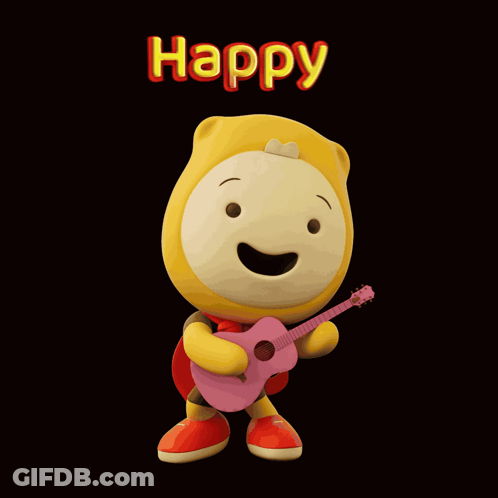 A Yellow Cartoon Character Is Holding A Pink Guitar And The Words Happy Are Above Him GIF