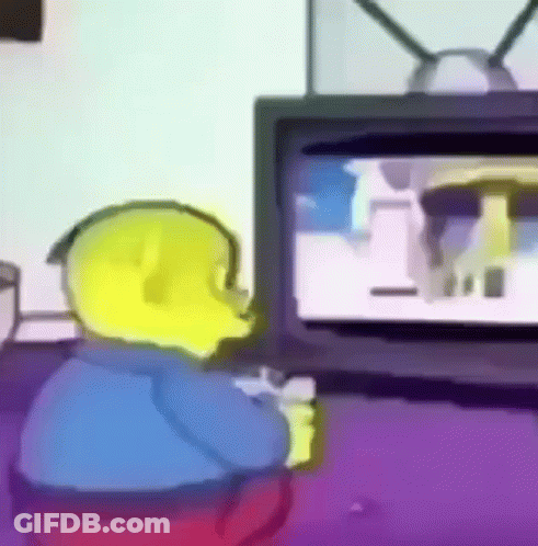 A Yellow Cartoon Character Is Sitting In Front Of A Television . GIF