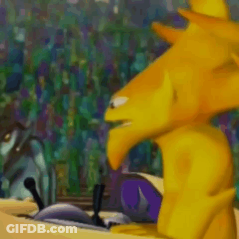 A Yellow Cartoon Character Is Standing In Front Of A Painting Of A Fish . GIF