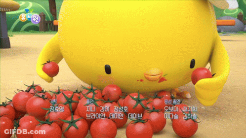 A Yellow Cartoon Character Is Surrounded By Tomatoes With Chinese Writing GIF