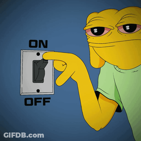 A Yellow Cartoon Character Is Turning On A Light Switch That Says On And Off GIF