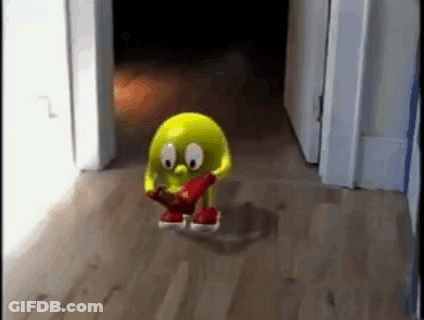 A Yellow Cartoon Character Is Walking Down A Hallway Holding A Guitar . GIF