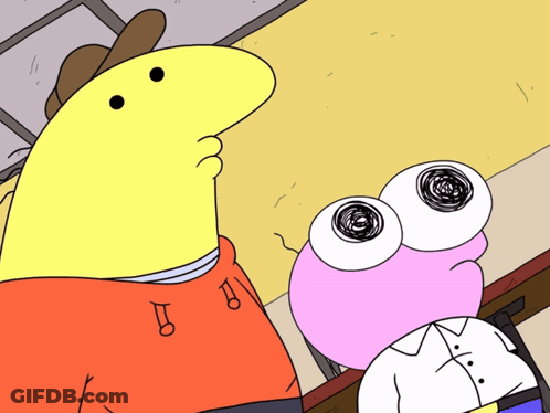 A Yellow Cartoon Character Stands Next To A Pink Cartoon Character With Huge Eyes GIF