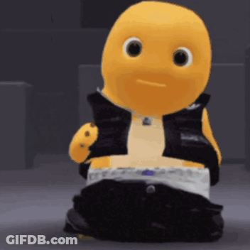 A Yellow Cartoon Character Wearing A Black Vest And Pants GIF