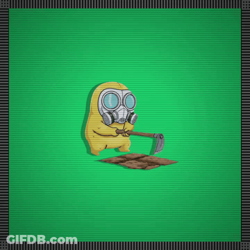 A Yellow Cartoon Character Wearing A Gas Mask And Holding A Shovel GIF