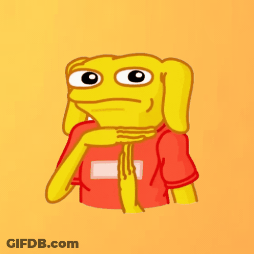 A Yellow Cartoon Character Wearing A Red Shirt With A White Square On It GIF