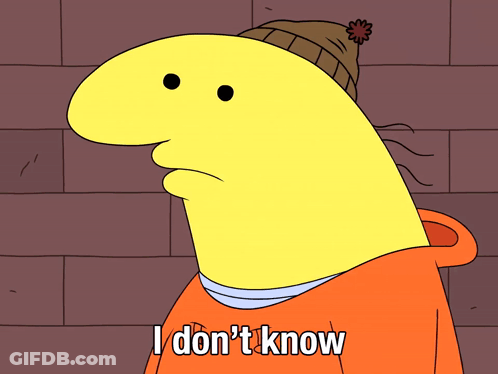 A Yellow Cartoon Character Wearing An Orange Hoodie And A Brown Hat Says I Don 'T Know GIF
