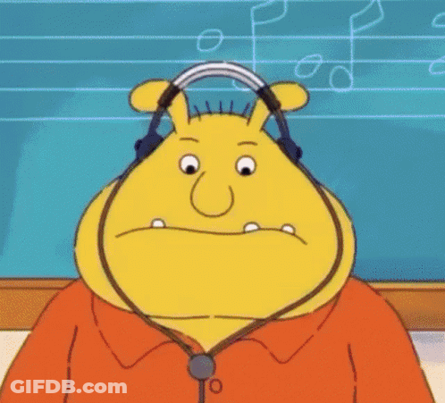 A Yellow Cartoon Character Wearing Headphones And A Tie . GIF