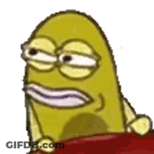 A Yellow Cartoon Character With A Purple Mouth Is Sitting On A Red Blanket . GIF