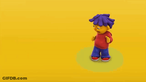 A Yellow Cartoon Character With Purple Hair And A Red Sweater Is Shrugging His Shoulders . GIF