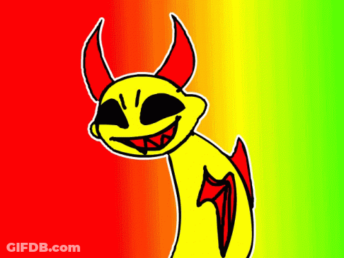 A Yellow Cartoon Character With Red Horns And A Red Tail GIF