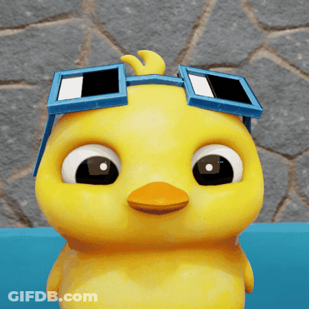 A Yellow Cartoon Chicken Wearing Blue Goggles On Its Head GIF