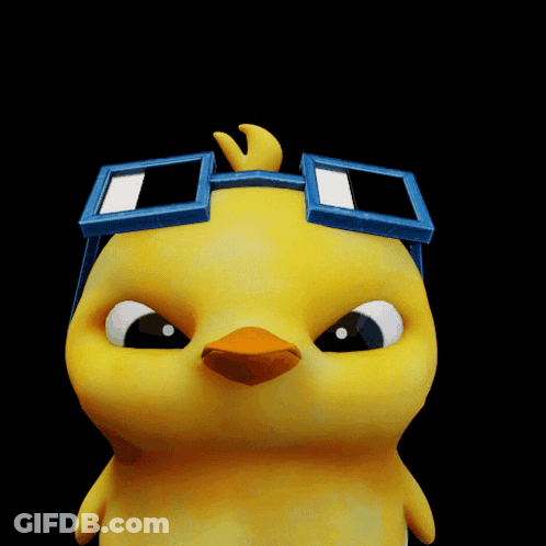 A Yellow Cartoon Chicken Wearing Blue Goggles On Its Head GIF