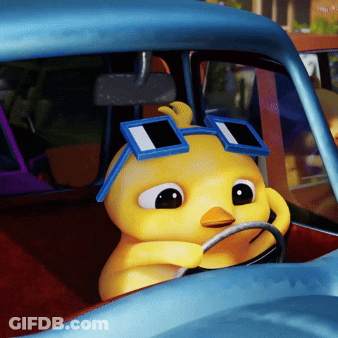 A Yellow Cartoon Chicken Wearing Sunglasses Is Driving A Blue Car GIF