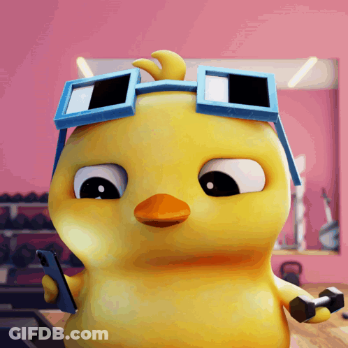 A Yellow Cartoon Duck Wearing Sunglasses And Holding A Cell Phone GIF