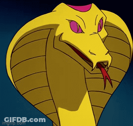 A Yellow Cartoon Snake With Pink Eyes And A Red Tongue Sticking Out GIF