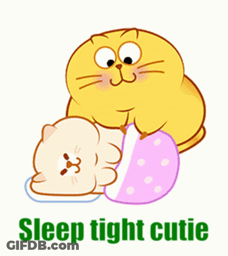 A Yellow Cat Is Petting A White Cat With The Words Sleep Tight Cutie Written Below It GIF