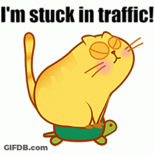 A Yellow Cat Is Stuck On A Green Turtle With The Words " I 'M Stuck In Traffic " Above It GIF