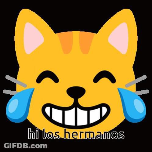 A Yellow Cat With Tears Coming Out Of Its Eyes And The Words Hi Los Hermanos Below It GIF
