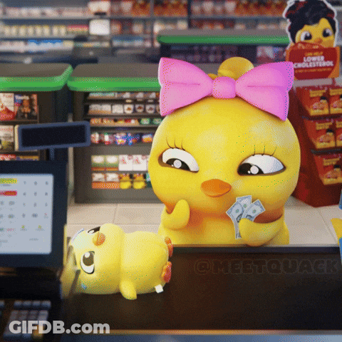 A Yellow Chick With A Pink Bow On Her Head Is Holding A Dollar Bill GIF