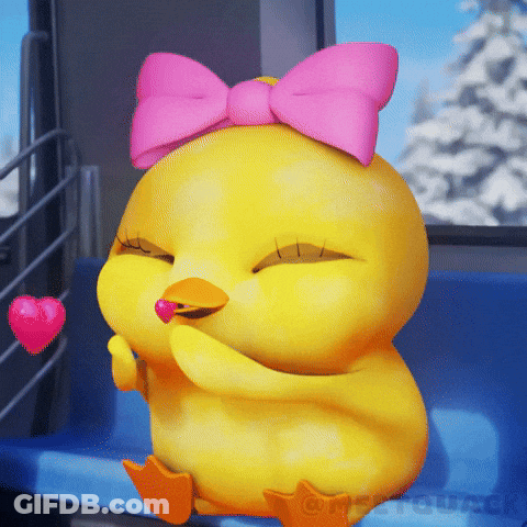 A Yellow Chick With A Pink Bow On Its Head Is Holding A Heart GIF