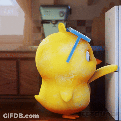 A Yellow Chicken With A Blue Straw On Its Head Is Standing Next To A Fridge GIF