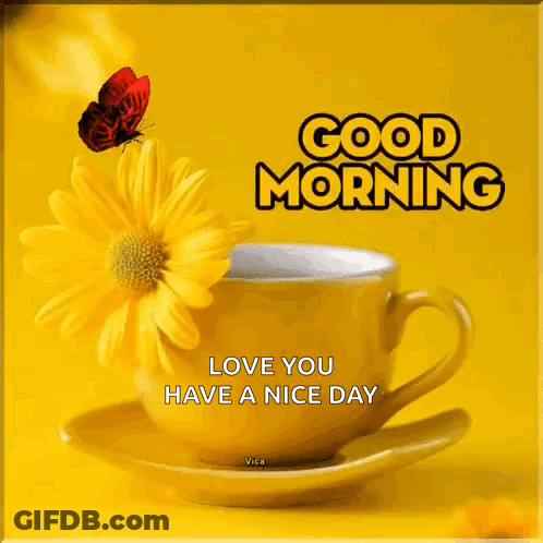 A Yellow Cup Of Coffee With A Yellow Flower And A Butterfly On A Saucer . GIF
