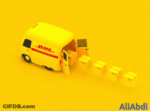 A Yellow Dhl Van With Boxes Coming Out Of The Door GIF