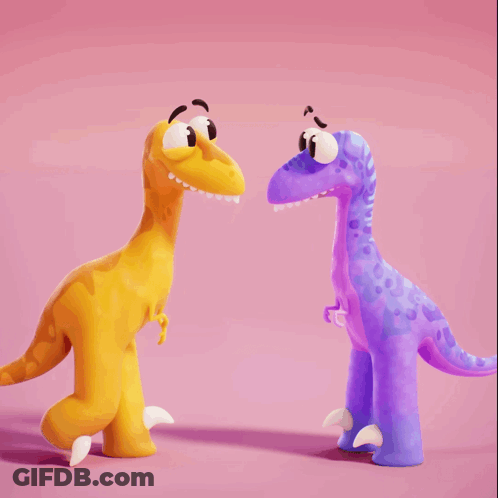 A Yellow Dinosaur And A Purple Dinosaur Are Looking At Each Other On A Pink Background GIF